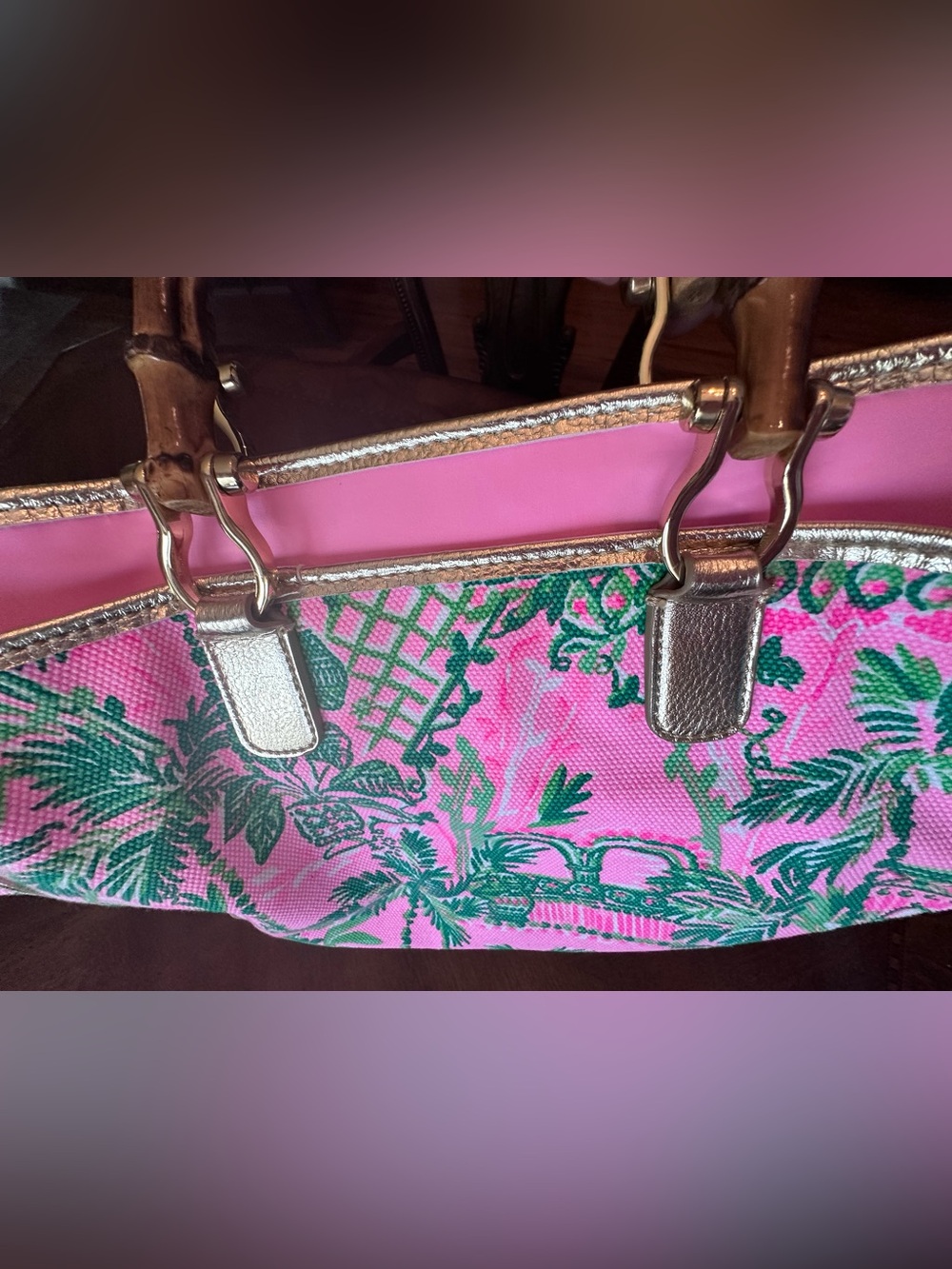 Lilly Pulitzer Pink & Green Tropical Canvas Tote with Bamboo Handles - Picture 3 of 8